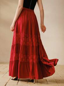 MOTF PREMIUM WOMEN'S CONTRAST LACE RUFFLE HEM SKIRT - Burgundy - View 3