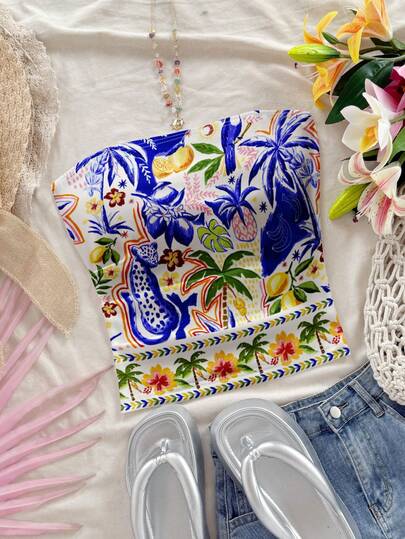 Soleia Women's Casual Island Coastal Theme Hand-Painted Coconut Palm, Tropical Plant & Leopard Print Tube Top, Sexy Blouse For Beach, Pool Parties, Summer Vacation, Vacation Outfit, Sexy Cute Coconut Girl, B Spring