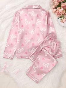 少女粉色条纹小熊印花仿丝绸睡衣套装，带领子和长袖 - 粉色 - 查看 2