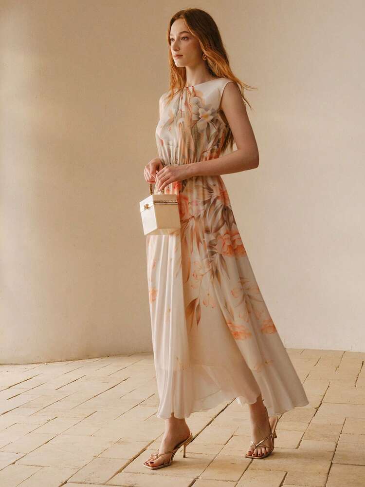 WOMEN'S MESH FLORAL PRINT WAIST CINCHED SLEEVELESS MIDI DRESS