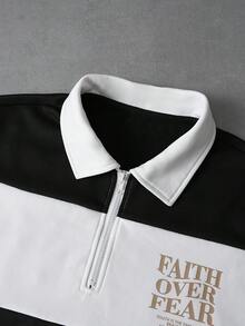 PAVTROS Men's Personalized Patchwork Striped Print Polo Shirt - Black and White - View 8