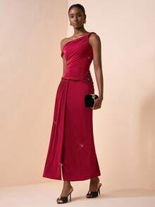 Zivah Elegant Burgundy Summer Long Dress,Shiny Glossy Asymmetric Neckline Dining Outfit For Valentine's Day,Date,Birthday Party,Graduation & Wedding Guest - Burgundy - View 5