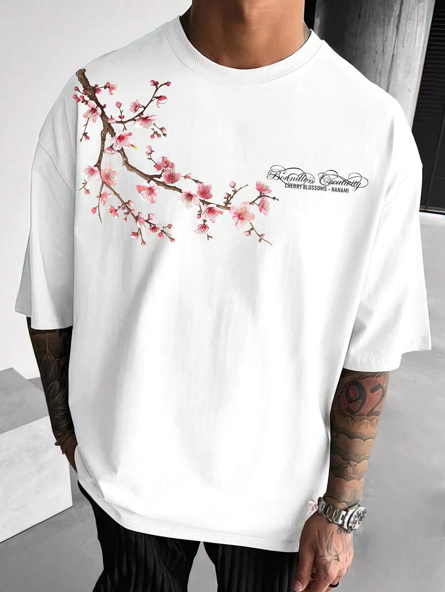 Manfinity LEGND Men's Casual Floral & Letter Print T-Shirt, Summer Men Shirts Streetwear Men Tshirt White With Red Design Flower Tshirt Men Cherry Blossom Shirt Japanese Tshirt - White - View 1