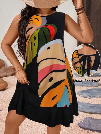 Breezaya Vestido de verano casual de talla grande con estampado tropical de plantas coloridas sobre base negra, cuello redondo, volantes en el bajo, espalda con lazo y contraste de color retro para uso diario y de vacaciones