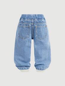 SHEIN Baby Boys' Stonewashed Graffiti Letter Print Ripped Frayed Loose Fit Straight Leg Black Denim Pants,For Baby Streetwear Outfits And Spring/Summer Clothes - Light Wash - View 2