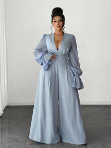 Maweii Mono de pierna ancha con mangas abullonadas elegante de talla grande - Azul - Ver 1