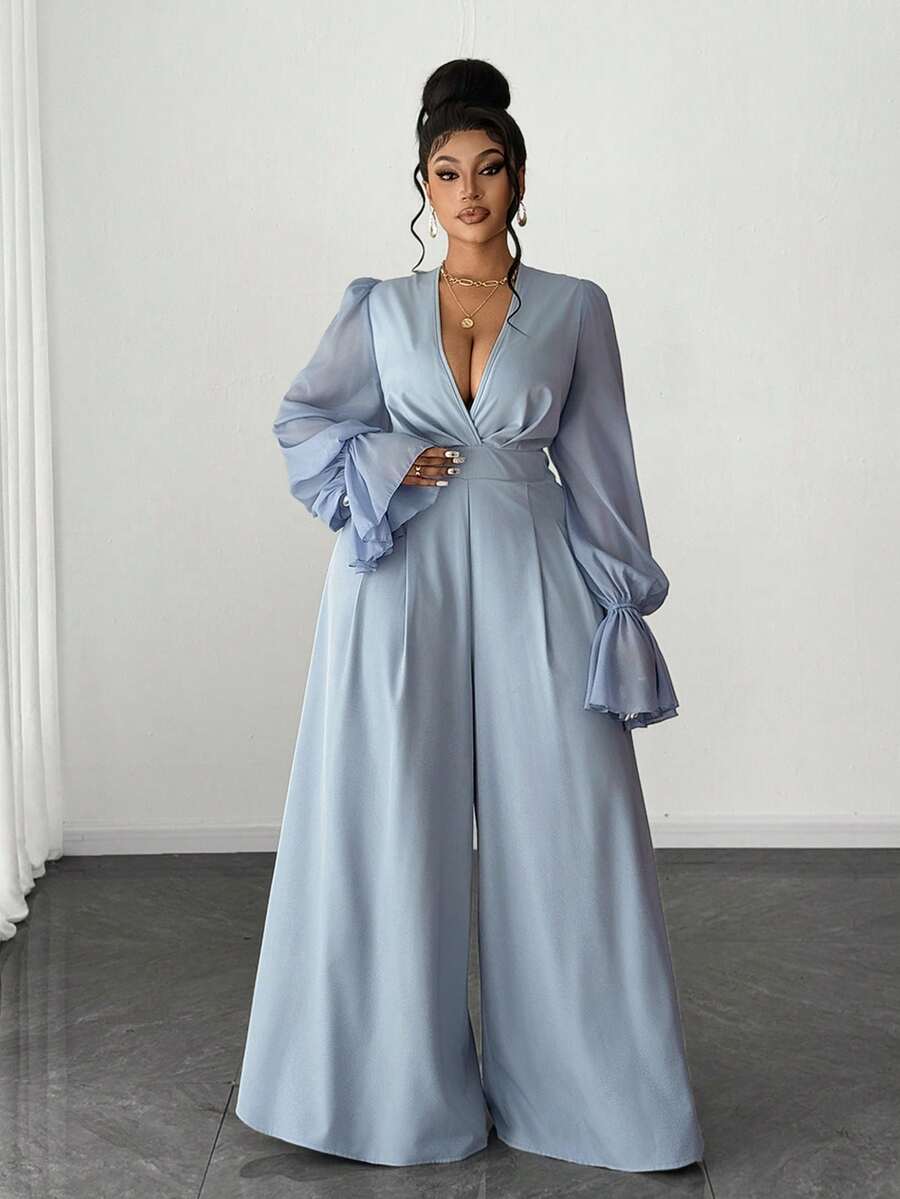 Maweii Mono de pierna ancha con mangas abullonadas elegante de talla grande - Azul - Ver 1