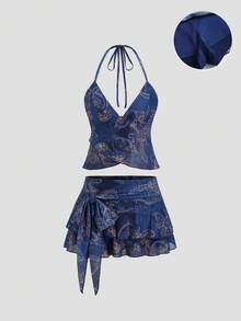 Sweetra Women's Blue Paisley Cashew Floral Print V-Neck Halter Backless Asymmetric Hem Cropped Top With Layered Ruffle Skirt And Side Tie, Sexy Boho Vacation Outfit. Spring/Summer. Perfect Summer Holiday Outfits. - Blue - View 1