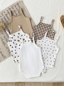 SHEIN Set de 5 piezas de peleles sin mangas de punto con estampado floral y a cuadros para bebés niñas en verano - Multicolor - Ver 2