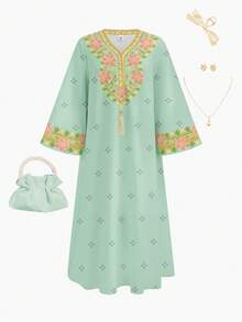 SHEIN 薄荷绿碎花儿童长袍，少女休闲舒适优雅花朵图案仿金丝缎带印花流苏V领宽松长袖连衣裙，适合春夏日常穿着、节日庆典。 - 彩色 - 查看 5