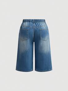 Maija Plus-Size Denim Bermuda Shorts, High-Waisted Wide-Leg Pants With Comfortable Elastic Waistband - Medium Wash - View 8
