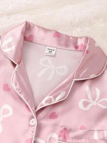 少女粉色条纹小熊印花仿丝绸睡衣套装，带领子和长袖 - 粉色 - 查看 7