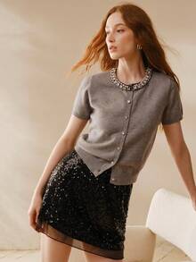 MOTF PREMIUM WOMEN'S RHINESTONE EMBELLISHED FRONT BUTTON SHORT SLEEVE KNIT TOP - Grey - View 2