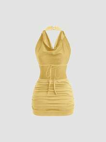 Sweetra Đầm mini ôm sát gợi cảm màu đen, cổ khoét sâu, hở lưng, dây buộc, không tay. - Vàng nhạt - Xem 2