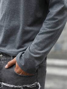 PAVTROS 男士休闲撞色滚边圆领长袖T恤，秋季款 - 深灰色 - 查看 7
