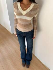 SHEIN Unity Áo len chui đầu cổ chữ V kẻ sọc kaki ôm vừa vặn cho nữ, thời trang khi đi làm, mùa thu/đông - Nhiều màu - Xem 3