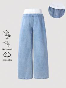 Tween Girls Denim Jeans, Suitable For Spring, Summer, Autumn And Winter. Medium Wash Blue, Y2K Streetwear Style, Casual And Versatile. All-Match Simple White Ribbed Elastic Waistband, Patch Pockets, Relaxed Wide Leg, Soft And Comfortable Cotton Denim Fabric, Ideal For Daily Wear, Gatherings, School, Commuting. New Spring/Autumn Collection. - Medium Wash - View 2