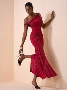 Zivah Elegant Burgundy Summer Long Dress,Shiny Glossy Asymmetric Neckline Dining Outfit For Valentine's Day,Date,Birthday Party,Graduation & Wedding Guest - Burgundy - View 6