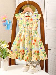 SHEIN Elladie kids 这款可爱俏皮的春夏新款连衣裙采用涤纶面料，饰有可爱的兔子数码印花。它拥有时尚的露背设计、可拆卸的3D蝴蝶结装饰，是年轻女孩度假的理想之选。这款黄色碎花A字连衣裙，饰有荷叶边袖子和可爱的蝴蝶结，尽显迷人魅力。它也是夏季休闲装扮和优雅派对礼服的完美之选。 - 黃色 - 查看 2