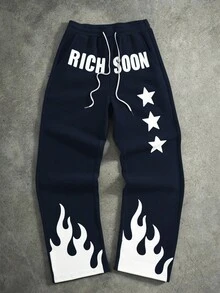 Manfinity Roghcode Men's Contrast Color Flame & Letter Print Drawstring Waist Sweatpants - Royal Blue - View 4