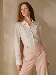 MOTF PREMIUM ELEGANT FRENCH STYLE FLORAL LACE PATCHWORK LINEN COLLARED LONG SLEEVE BLOUSE FOR WOMEN - White - View 6
