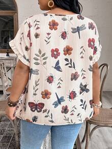 Breezaya 大码女式梭织印花休闲夏季衬衫 - 杏色 - 查看 2