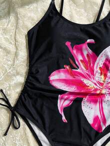 SHEIN Teen Girls Vacation Ditsy Floral Side Bow Decor Casual One-Piece Swimsuit With Cover-Up Skirt - Black - View 3