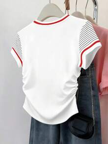 Resyla Áo thun nữ tay ngắn ôm eo, xếp ly, in họa tiết hoa anh đào và bướm, họa tiết kẻ sọc. - Nhiều màu - Xem 2