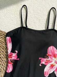 SHEIN 少女夏季休闲海滩、学校、游泳课、欢乐假期，黑白撞色花卉镂空连体泳衣，网纱系带细节 - 黑色 - 查看 7