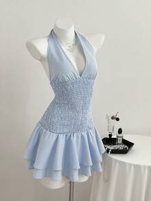 Elamini 女士蓝白条纹深褶皱露背系带荷叶边迷你连衣裙，优雅春夏款，适合办公室、学校、毕业典礼、度假、婚礼、简约日常穿着。 - 藍白色 - 查看 5