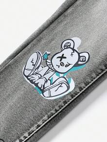 SHEIN 青少年男童休闲水洗涂鸦印花修身牛仔裤 - 黑色 - 查看 4