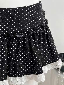 Elamini Bộ đồ gồm áo vest không tay cổ chữ V buộc dây phía sau in chấm bi đen và chân váy ngắn cạp thấp xếp ly, kết hợp với quần legging viền ren tương phản, kiểu dáng thanh lịch cổ điển, thoải mái, phù hợp đi làm, đi học, đa năng cho mùa xuân/hè. - màu đen - Xem 5