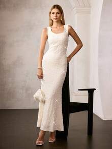 MOTF Soiréza WOMEN'S ELEGANT ROUND NECKLINE SEQUIN MERMAID GOWN – IDEAL FOR WEDDINGS, GALA DINNERS, AWARD CEREMONIES & FORMAL RECEPTIONS - Apricot - View 7