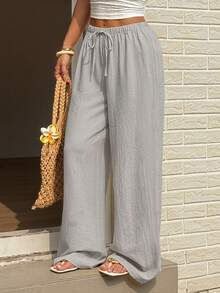 Sunnyshic Quần ống đứng buộc dây thoải mái dành cho nữ, màu vàng, đa năng, tôn dáng, chất liệu dệt họa tiết, thích hợp cho mùa xuân/hè. - Màu Xám nhạt - Xem 3