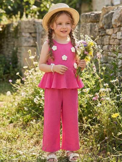 2件套 女童甜美紫红色无袖上衣，饰有3D立体花朵图案 + 阔腿裤，公主风，春夏款