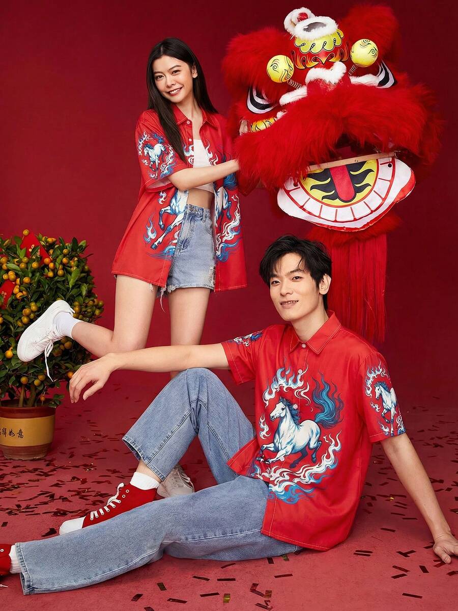 SWAVVY Áo sơ mi đỏ in hình ngựa phương Đông, áo tay ngắn phong cách đường phố cá tính, họa tiết ngựa lửa xanh nổi bật, áo sơ mi cài nút thoải mái, phù hợp với giới trẻ sành điệu và những người yêu thích văn hóa châu Á. - Đỏ - Xem 1