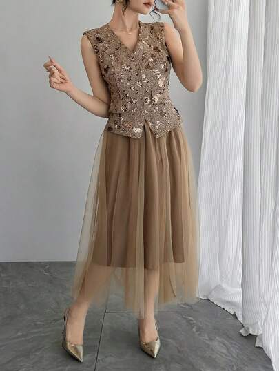 DAZY Women's Beaded Embroidered V-Neck Sleeveless Cardigan And Mesh Skirt Elegant 2-Piece Set Carnival