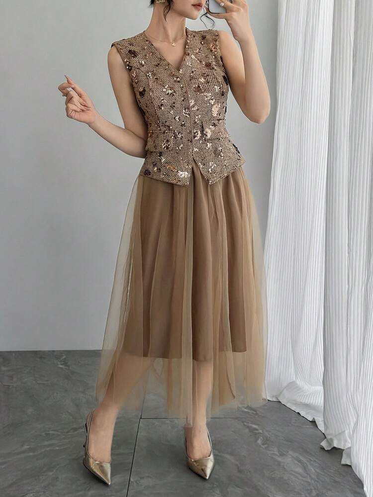 Women's Beaded Embroidered V-Neck Sleeveless Cardigan And Mesh Skirt Elegant 2-Piece Set Carnival