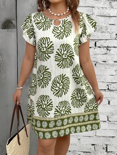 EMERY ROSE Large-Sized Woven Printed Summer Vacation Dress