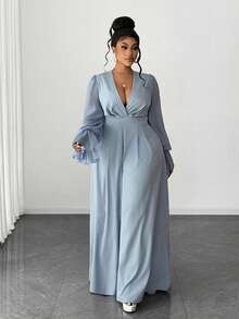 Maweii Mono de pierna ancha con mangas abullonadas elegante de talla grande - Azul - Ver 2