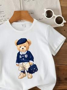 SHEIN Baby Boy Casual Stylish Cute Cartoon Bear & Letter Print Short Sleeve Top, Suitable For Summer - White - View 4