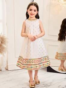 SHEIN Young Girl Elegant White Summer Party Gold Foil Print Sleeveless Dress,Cute Floral & Cartoon Print Casual Modest Kaftan,Jalabiya Muslim Kids Dresses - Gold - View 6