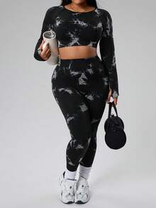 Rhythm Era Plus Size Women's Seamless Hollow Back Tie-Dye Black & White Long Sleeve Top And Pants Set Matching Workout Set Workout Sets Women Long Sleeve 2 Piece Sets Woman Workout - Multicolor - View 2