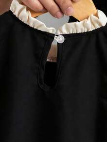 SHEIN Genkimix Kids 女童夏季休闲网纱拼接蝴蝶结装饰连衣裙 - 黑色 - 查看 5