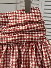 Elamini 女士红色格子褶皱高腰双层下摆浪漫度假甜美休闲短裙，春夏款 - 紅色 - 查看 4