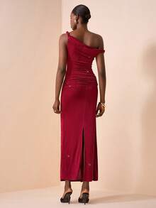 Zivah Elegant Burgundy Summer Long Dress,Shiny Glossy Asymmetric Neckline Dining Outfit For Valentine's Day,Date,Birthday Party,Graduation & Wedding Guest - Burgundy - View 3