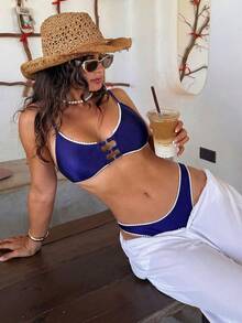 Swim SXY 泳装 -D蕾丝花边镂空吊带性感休闲可爱比基尼套装，蓝色亮面面料，女士泳装 - 藍色 - 查看 1