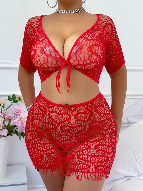 Conjunto de 2 piezas de top de red calado sexy con cordones con forma de corazón para mujer de talla grande