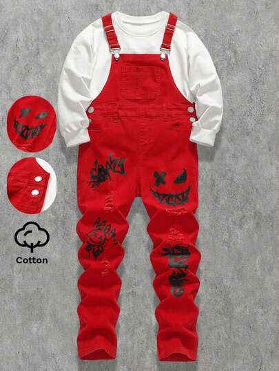 Tween Boy Fashion Casual Y2k Vintage Cool Street Returns To School College Smiling Face Graffiti Pattern Basic Simple Comfortable And Cute Black Denim Snug Fit Overalls Clothes Soft Dailywear And Kids Winter And Fall Rave Outfits Festival And Outfits Streetwear Clothes