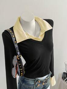 SHEIN Clasi 女士条纹拼接不对称下摆紧身长袖T恤，二合一衬衫领，时尚休闲街头风，秋冬印花T恤，春季女装上衣 - 黃色 - 查看 6